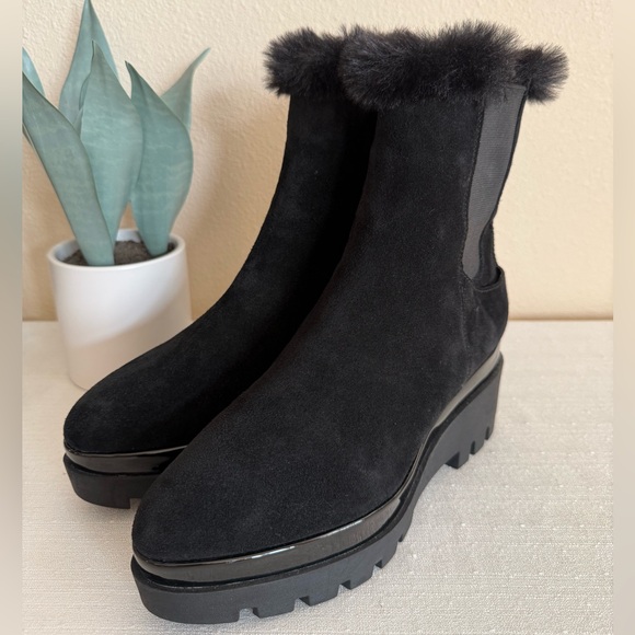 New DKNY Black Suede Platform Faux Fur Ankle Boots - Picture 8 of 12